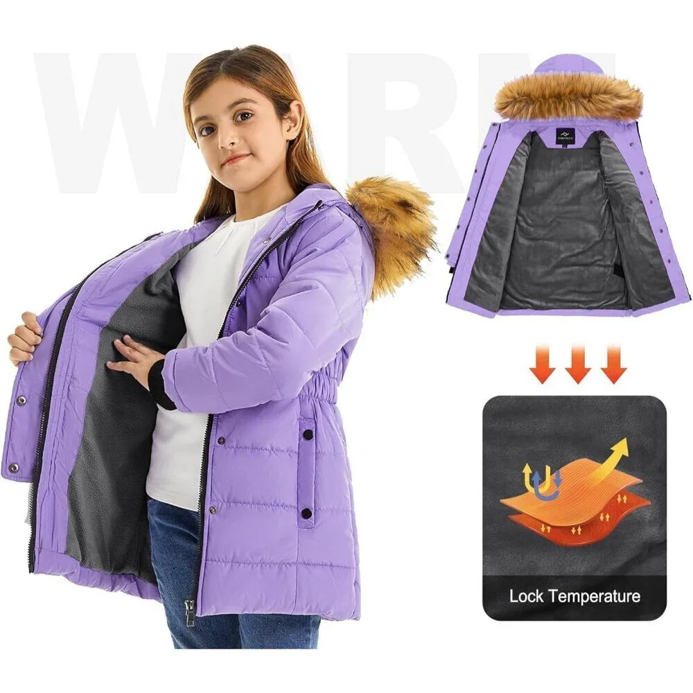 Girls Warm Winter Coats Thicken Long Parka Fleece Puffer Jacket Hooded Quilted W